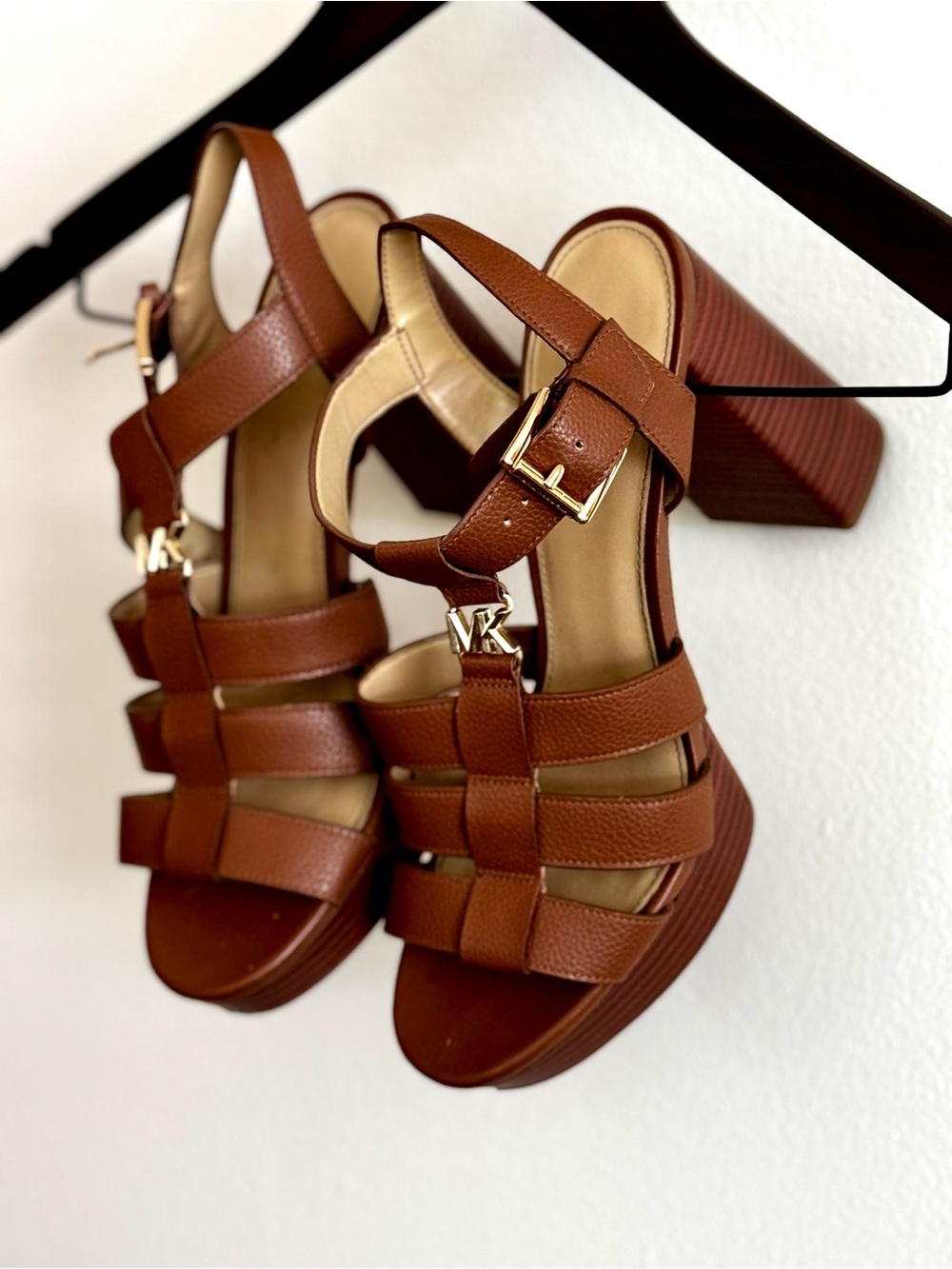 Michael Kors Brown Leather Platform Block Heel Sandals